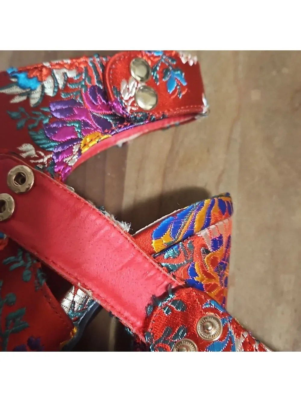 Bamboo Red Floral High Heels with Ankle Strap 5.5 Embroidered Colorful Handmade